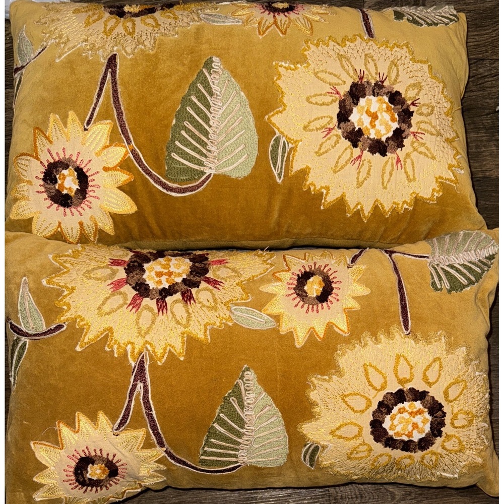 Autumn Hill 2 Throw Pillows Sunflower Decorative Rectangle Fall Gold Velvet Flaw